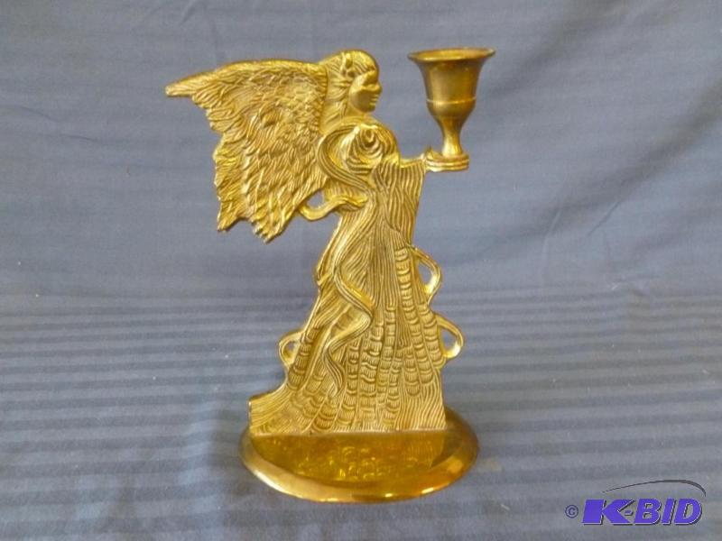 lot 74 image: Large cast brass angel candle holder, measure...