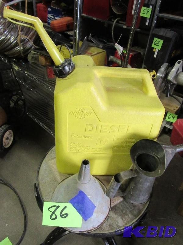 6 Gal Diesel Plastic Fuel can. Galvanized Funnel, GasOil Pitcher.