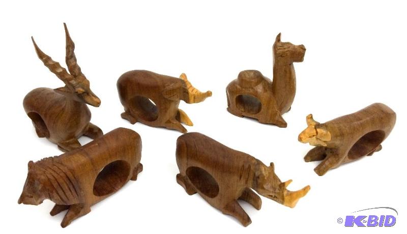 lot 10 image: Set of 6 Vintage Hand Carved Teak Wood Exotic Animals of the Serengeti