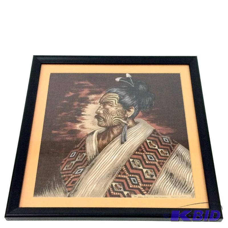 lot 39 image: Professionally Framed Mori Silk of a tribal hero .