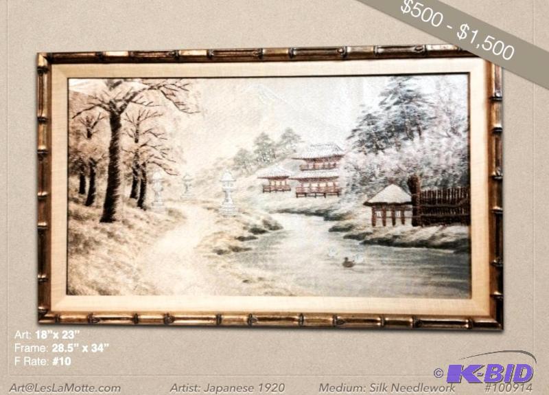 Original Vintage Silk Embroidery  showing Mount Fuji and Pagodas in the time of Cherry Blossoms