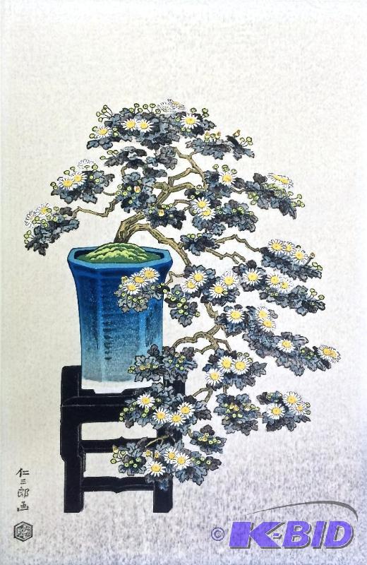 Ito, Nisaburo original woodblock Titled the flowering bonsai tree