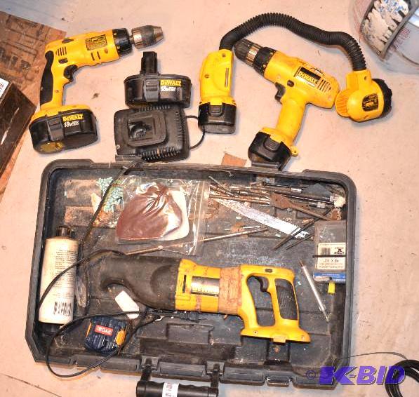 lot 103 image: DeWalt 18v kit DW998 12 inch drill, sawsall,...