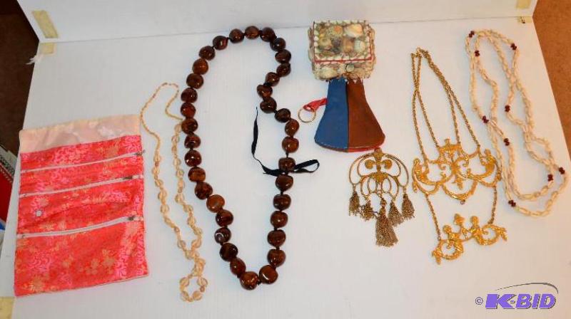 lot 201 image: Jewelry - necklaces, shell jewelry box...