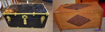 lot 211 image: Wood trunk with fabric diamonds 17x31x15"...