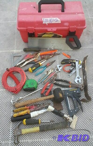 lot 234 image: red plastic tool box with hand tools - staple...