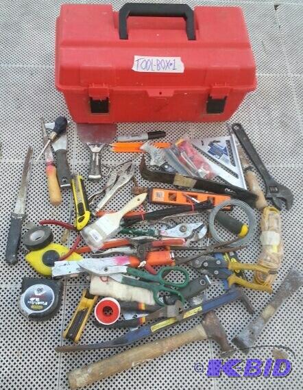 lot 235 image: red plastic toolbox and tools - hammer, pry b...