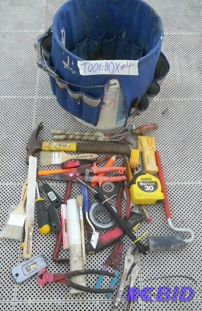 lot 236 image: pail of tools - hammer, file, tape measure, m...