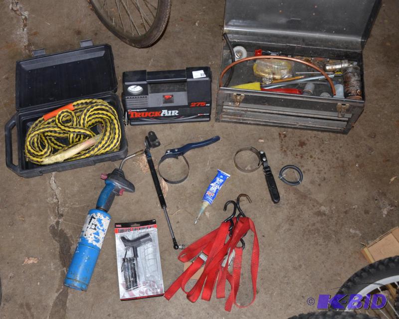 lot 245 image: Car tools - 12 v air compressor, tow rope, ti...