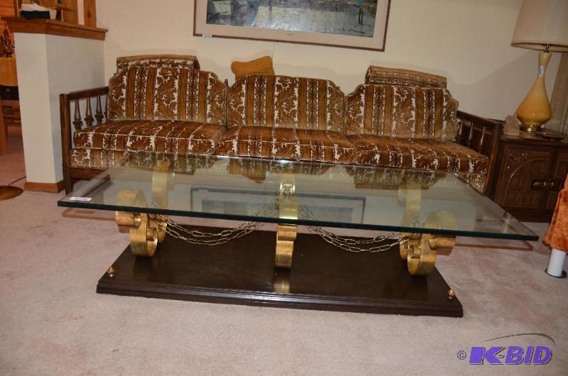 lot 54 image: Glass top coffee table with woodmetalchain ...