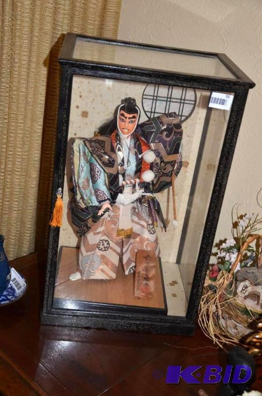 lot 55 image: Japanese china doll 21" tall in glass bo...