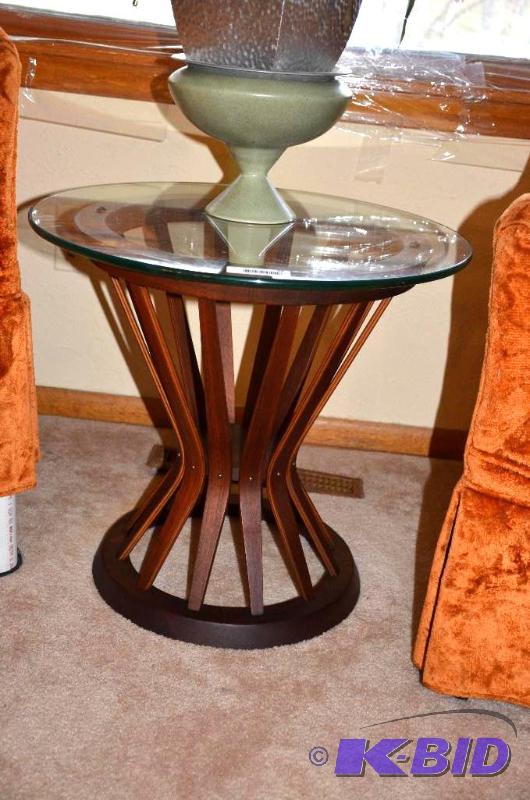 lot 58 image: Glass top table with wood base 22" diame...