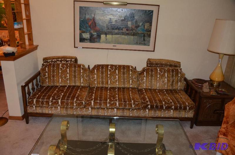 lot 64 image: Wood frame couch carries the Venice theme, 96...