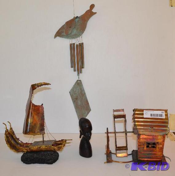 lot 82 image: metal house 7", bird chime, ship 12"...