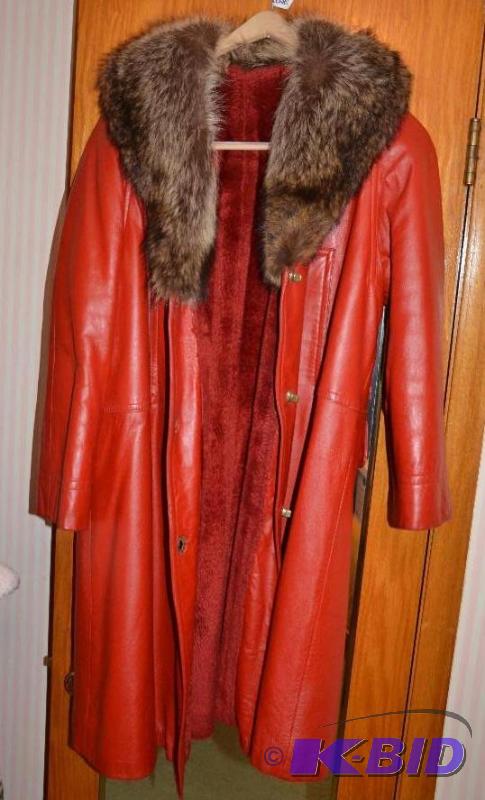 lot 95 image: Red leather coat with fur collar....