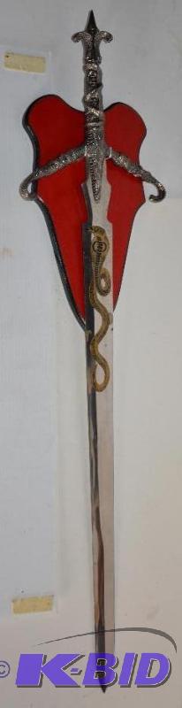 lot 15 image: Long display sword with gold cobra on the bla...