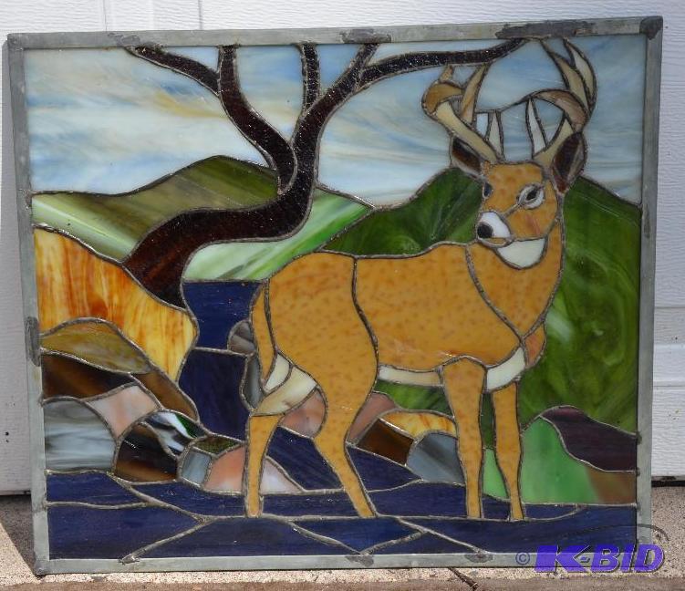 lot 28 image: Beautiful stain glass of a deer 28x17...