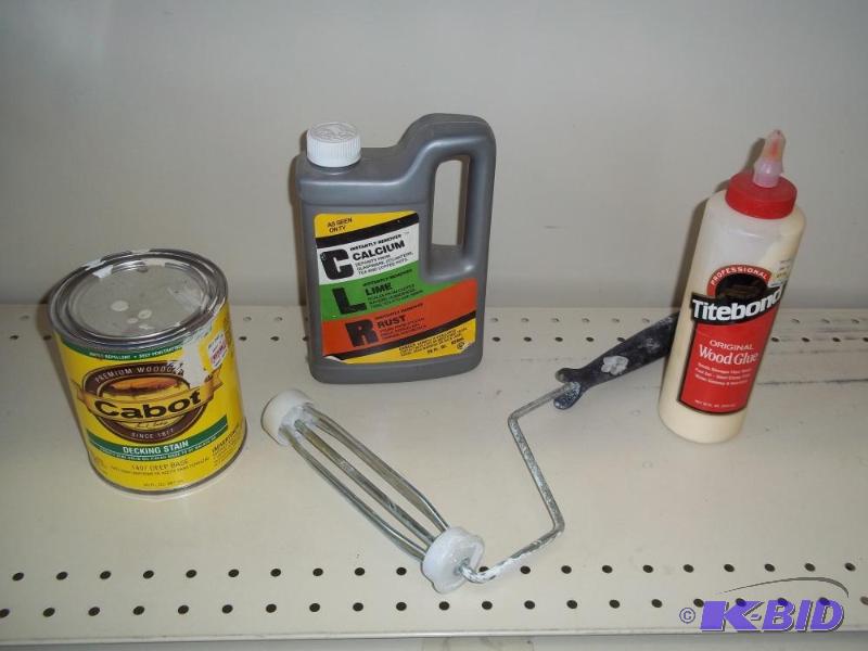 CLR, wood glue, paint roller and deck stain...