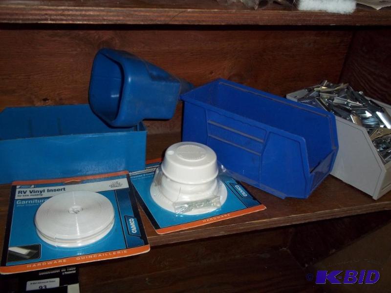 Parts bins, funnel, RV Vent, and sheet rock w...