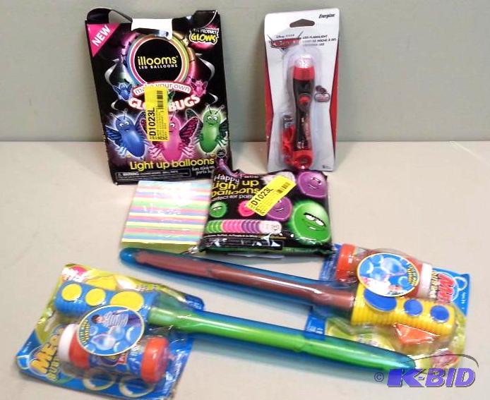 lot 28 image: 6 Item Toy Lot Bubble Swords, Balloons, Flashlight and More.