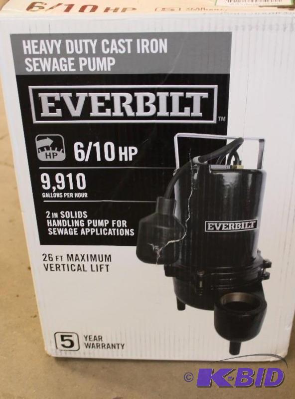 10)Everbilt HD Sewage Pump, tested ,Used,  Customer Return
