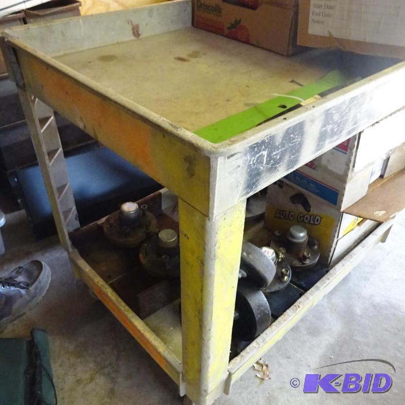 lot 93 image: RUbber Maid SHop Cart. 26 X 40 X 33. Contents...