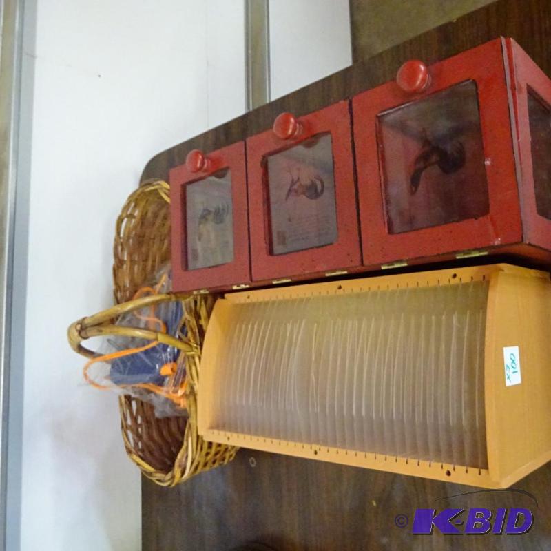 lot 100 image: CD Holder, 3 Door Box,2 Hot Glue Guns, Wicker...