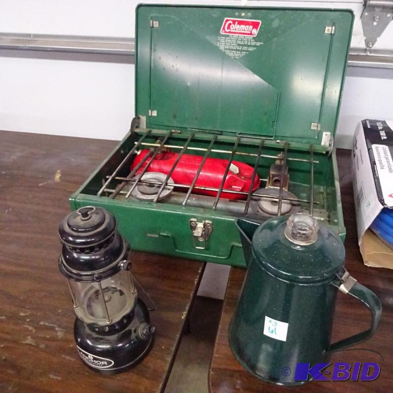lot 61 image: Coleman Gas CampStove. COffeePot. Battery Ope...