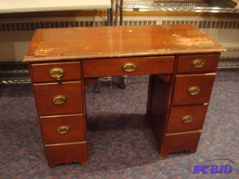 lot 15 image: Vintage Small Solid Wood Desk With Brass Pull...