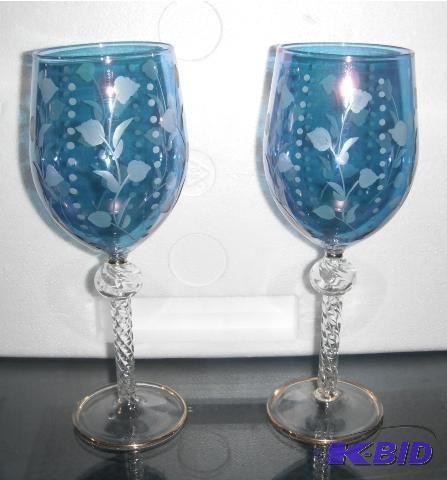 lot 44 image: Blue Floral Etched Goblets - 9" h x 3&qu...