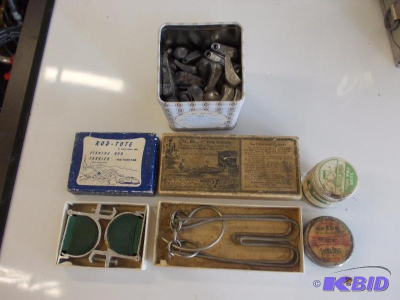 lot 218 image: Box Of Large Sinkers, Fishing rod Carrier For...