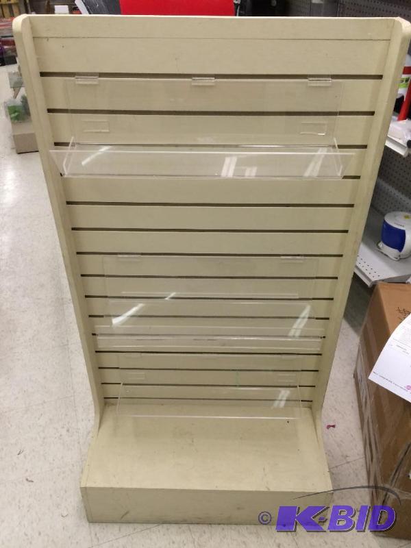 wood floor display with 3 plastic shelfs