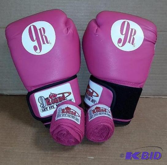 lot 46 image: Pair of Pink Leather Boxing Gloves.  Size Small and Wrist Wraps