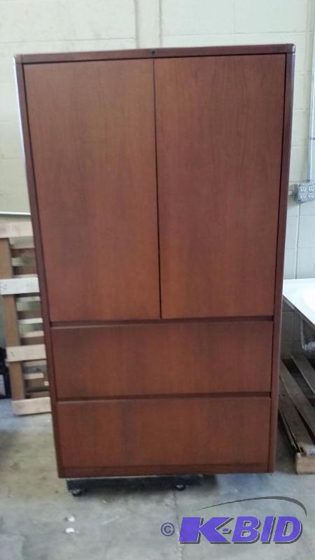 lot 6 image: Classic Wood Cherry Stained.  Office Cabinet wtwo deep File cabinet drawers