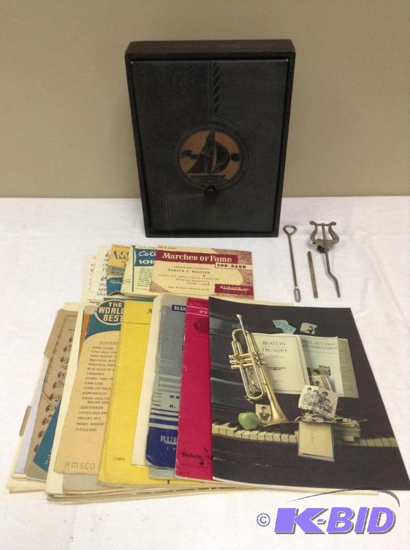 lot 13 image: Vintage Covered Box w Beatles Sheet Music 