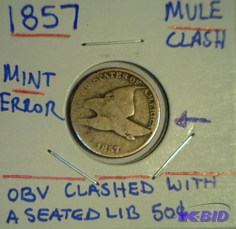 Lot 15- 1857 Flying Eagle Cent Obverse Clashed with a Seated Liberty Half Dollar Duel Denomination