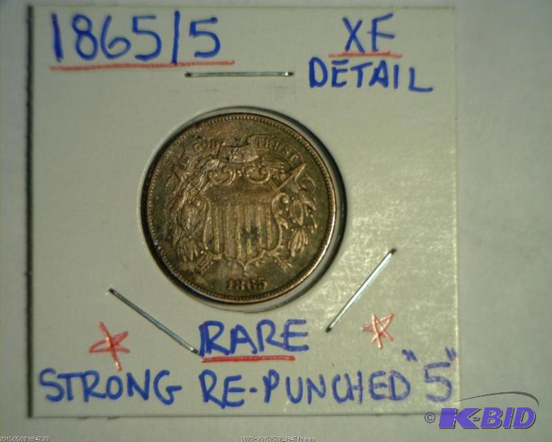 Lot 19- 18655 Two Cent Piece Strongly Re-Punched 5 XF Detail Rare