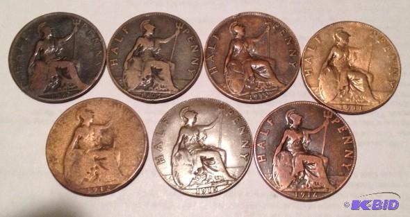Lot 24- Lot of 7 Vintage Great Britain Half Pennys 1897-1916 plus 1936 Great Britain Penny Rainbow C