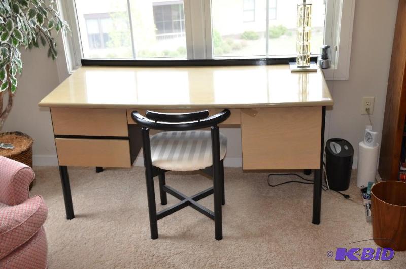 lot 113 image: Blond and black Wood Desk & black upholst...