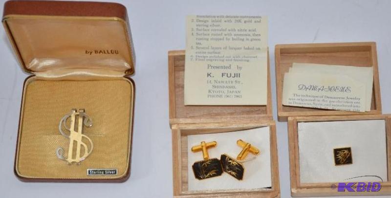 lot 176 image: Sterling silver money clip, 14K gold cuff lin...