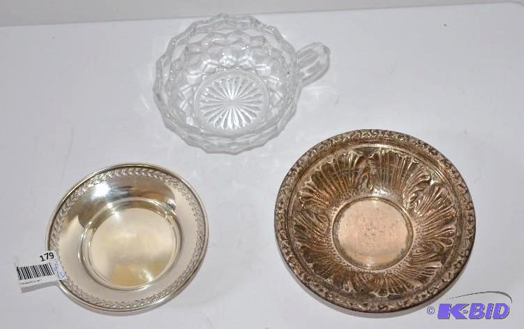 lot 179 image: Sterling silver bowl, glass bowl and silver c...