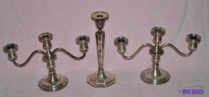 lot 229 image: Sterling silver cement weighted 3 arm candlab...