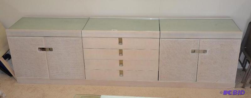 lot 3 image: Wood cabinet with glass top 108" long x ...