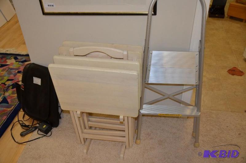 lot 303 image: TV Trays, step ladder and Shiatsu portable ma...