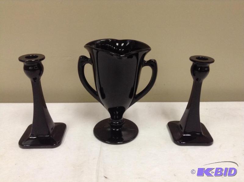 Vintage Black Vase & Candle Holders