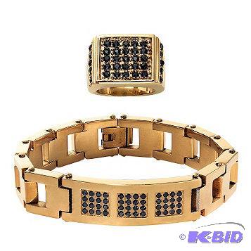 New Mens Goldtone Black Crystal Bracelet &am...