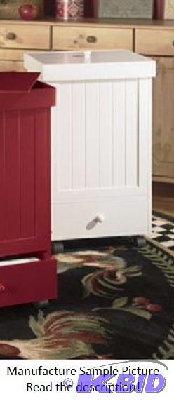 lot 28 image: Rolling Trash Bin - White - Includes a wooden...