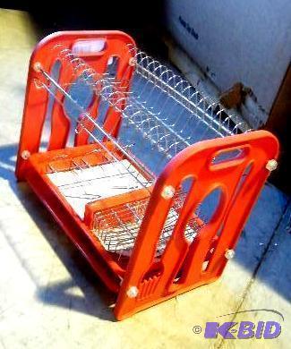 lot 81 image: Two Tier Red Dish Drainer - Knife, spoon, for...