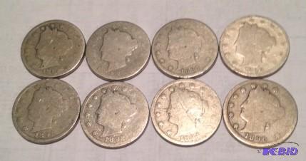 1 Lot of 8 Liberty Head Nickels.  All Better Dates 1884,1887,1888,1890,1891,1892,1894,1896