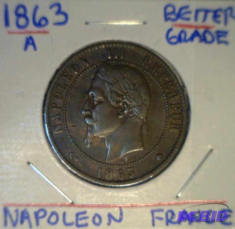 1863-A  France Napoleon Copper10 Centimes Nice Better Grade